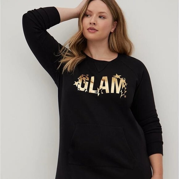 NWT Torrid 00 GLAM Gold & Black Cozy Fleece Pullover Dress w Pocket Med/Large - Picture 2 of 7